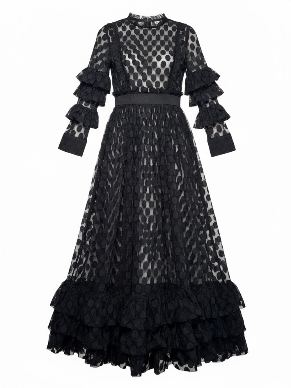 Eien Sheer Polka Dot Black Maxi Dress Mock Neck Ruffle Sleeves Women Sz S